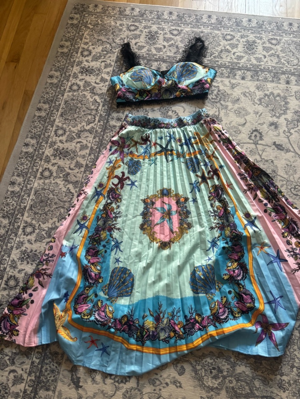 Pleated Seashell Print Midi Skirt - Aqua, Pink & Blue